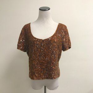 Vintage sequin beaded paisley print short sleeve top Italy crop silk M